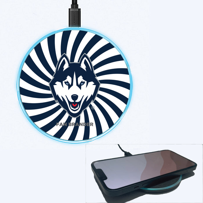 Fan Brander Grey 15W Wireless Charger with Uconn Huskies Primary Logo With Team Groovey Burst