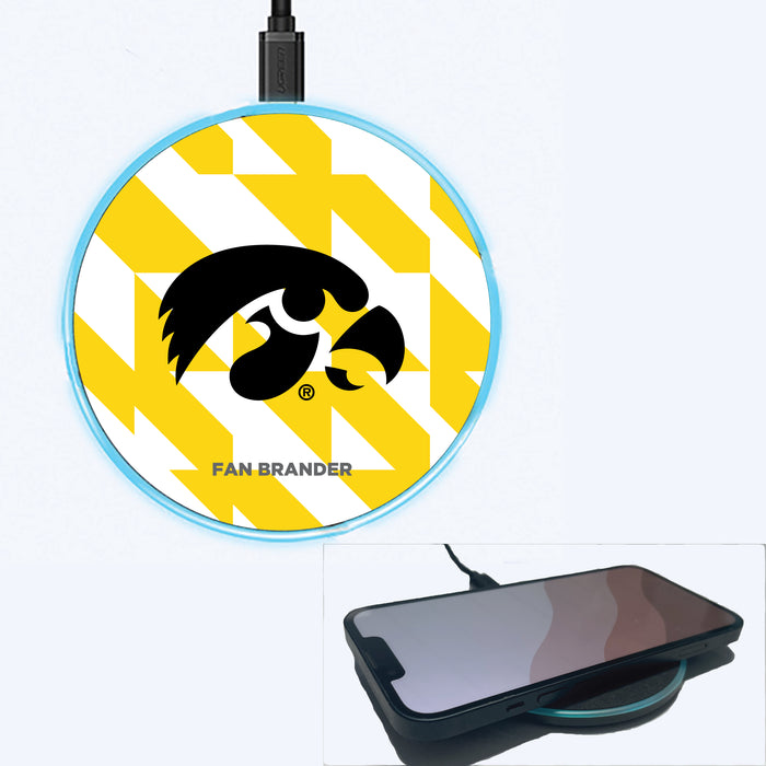 Fan Brander Grey 15W Wireless Charger with Iowa Hawkeyes Primary Logo on Geometric Quad Background