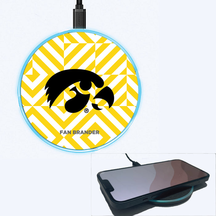 Fan Brander Grey 15W Wireless Charger with Iowa Hawkeyes Primary Logo on Geometric Diamonds Background