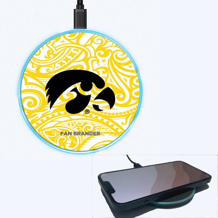 Fan Brander Grey 15W Wireless Charger with Iowa Hawkeyes Primary Logo With Team Color Tribal Background