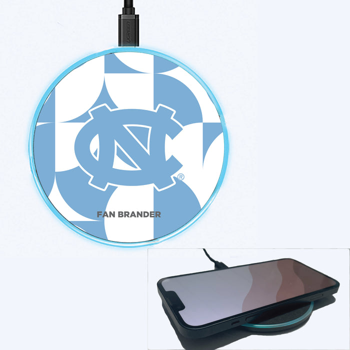 Fan Brander Grey 15W Wireless Charger with UNC Tar Heels Primary Logo on Geometric Circle Background