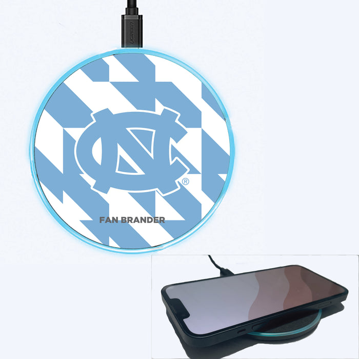 Fan Brander Grey 15W Wireless Charger with UNC Tar Heels Primary Logo on Geometric Quad Background