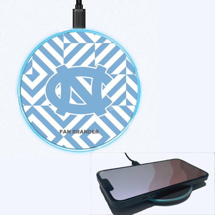 Fan Brander Grey 15W Wireless Charger with UNC Tar Heels Primary Logo on Geometric Diamonds Background