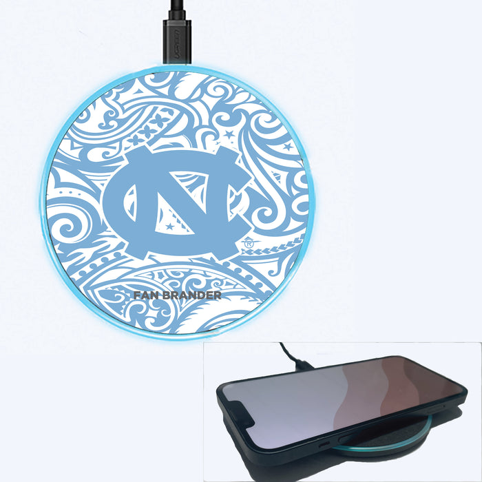 Fan Brander Grey 15W Wireless Charger with UNC Tar Heels Primary Logo With Team Color Tribal Background