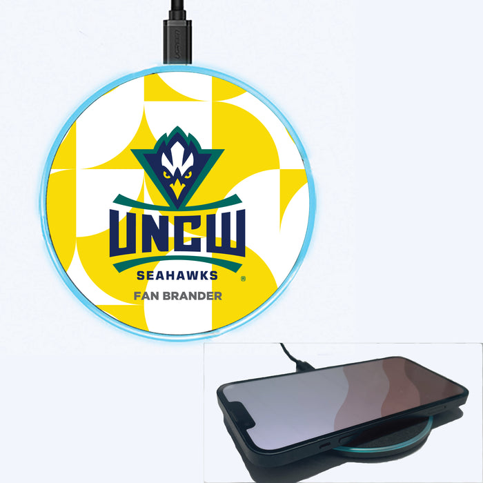 Fan Brander Grey 15W Wireless Charger with UNC Wilmington Seahawks Primary Logo on Geometric Circle Background