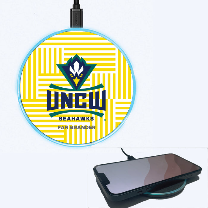 Fan Brander Grey 15W Wireless Charger with UNC Wilmington Seahawks Primary Logo on Geometric Lines Background