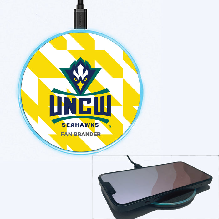Fan Brander Grey 15W Wireless Charger with UNC Wilmington Seahawks Primary Logo on Geometric Quad Background