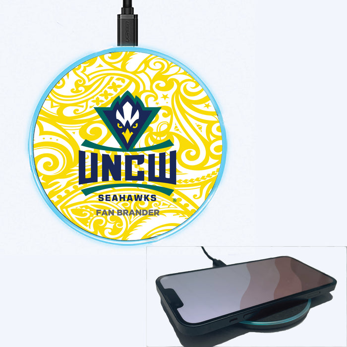 Fan Brander Grey 15W Wireless Charger with UNC Wilmington Seahawks Primary Logo With Team Color Tribal Background