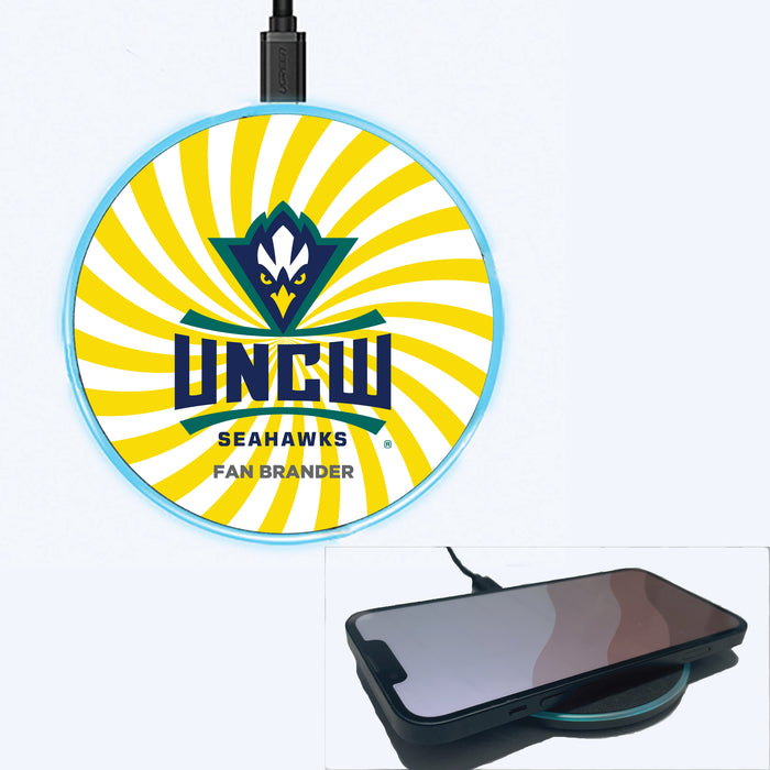 Fan Brander Grey 15W Wireless Charger with UNC Wilmington Seahawks Primary Logo With Team Groovey Burst