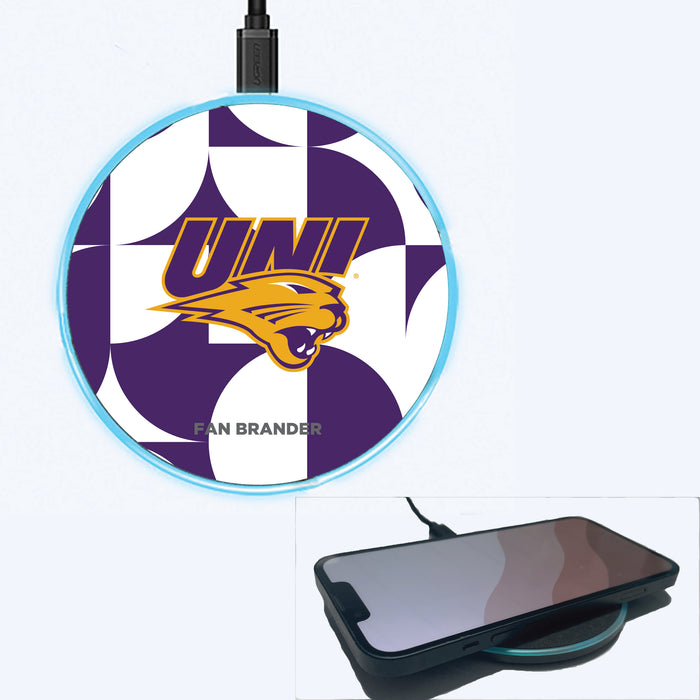 Fan Brander Grey 15W Wireless Charger with Northern Iowa Panthers Primary Logo on Geometric Circle Background