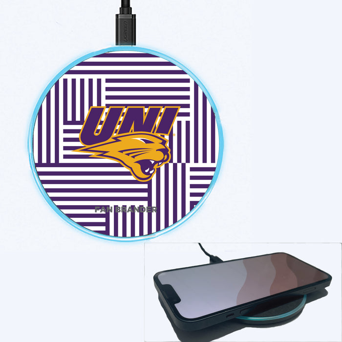 Fan Brander Grey 15W Wireless Charger with Northern Iowa Panthers Primary Logo on Geometric Lines Background