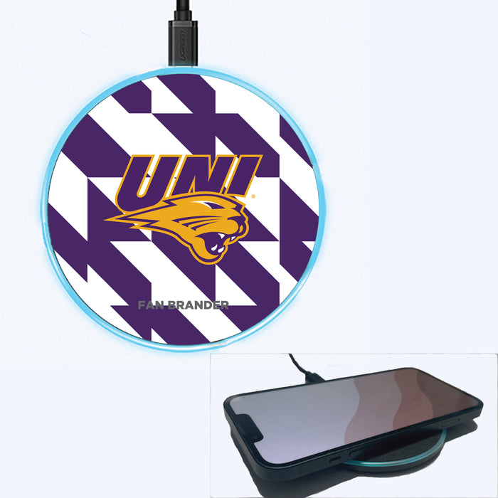 Fan Brander Grey 15W Wireless Charger with Northern Iowa Panthers Primary Logo on Geometric Quad Background