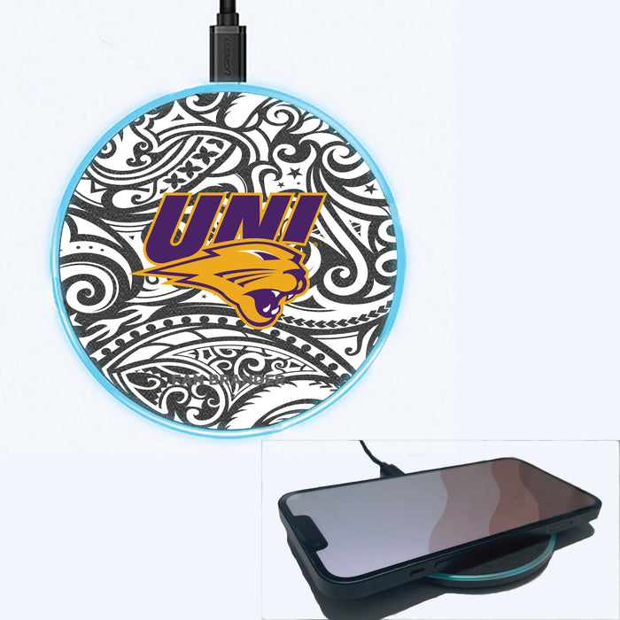 Fan Brander Grey 15W Wireless Charger with Northern Iowa Panthers Primary Logo With Black Tribal