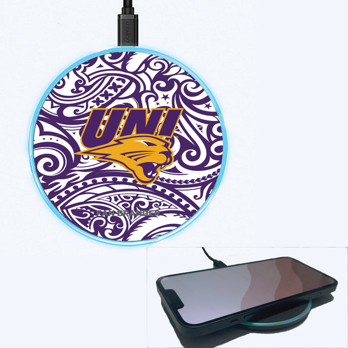 Fan Brander Grey 15W Wireless Charger with Northern Iowa Panthers Primary Logo With Team Color Tribal Background