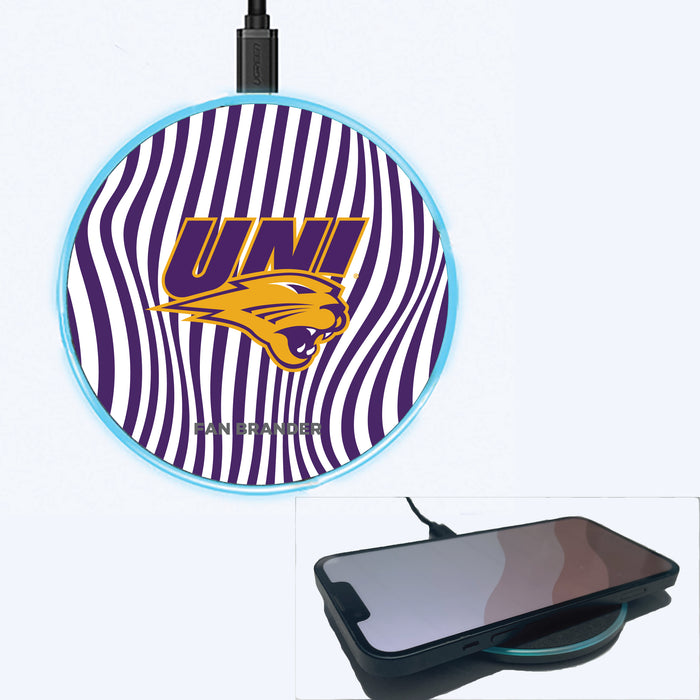 Fan Brander Grey 15W Wireless Charger with Northern Iowa Panthers Primary Logo With Team Groovey Lines