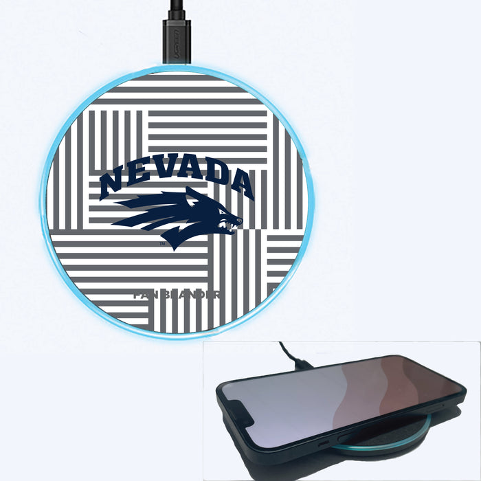 Fan Brander Grey 15W Wireless Charger with Nevada Wolf Pack Primary Logo on Geometric Lines Background