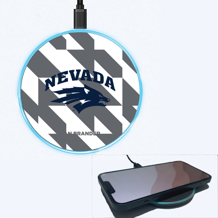 Fan Brander Grey 15W Wireless Charger with Nevada Wolf Pack Primary Logo on Geometric Quad Background