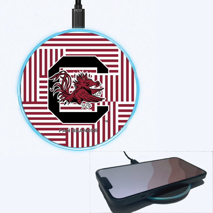Fan Brander Grey 15W Wireless Charger with South Carolina Gamecocks Primary Logo on Geometric Lines Background