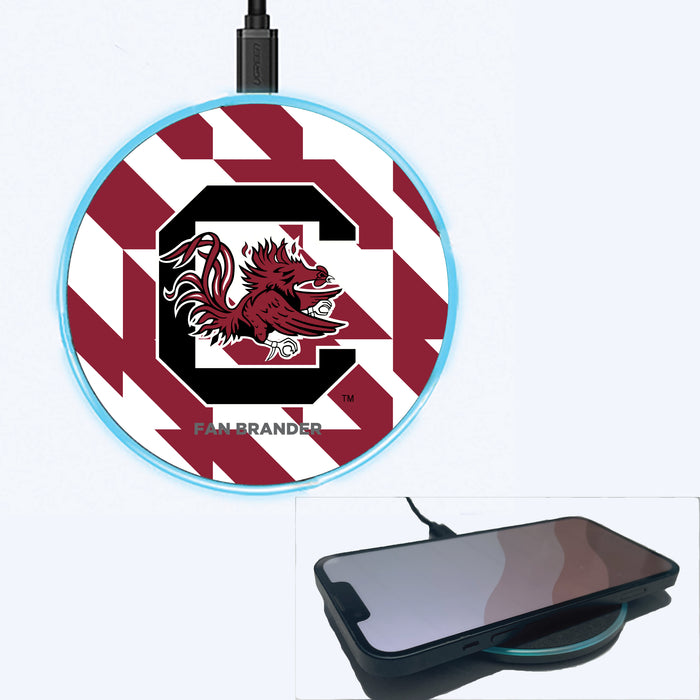 Fan Brander Grey 15W Wireless Charger with South Carolina Gamecocks Primary Logo on Geometric Quad Background