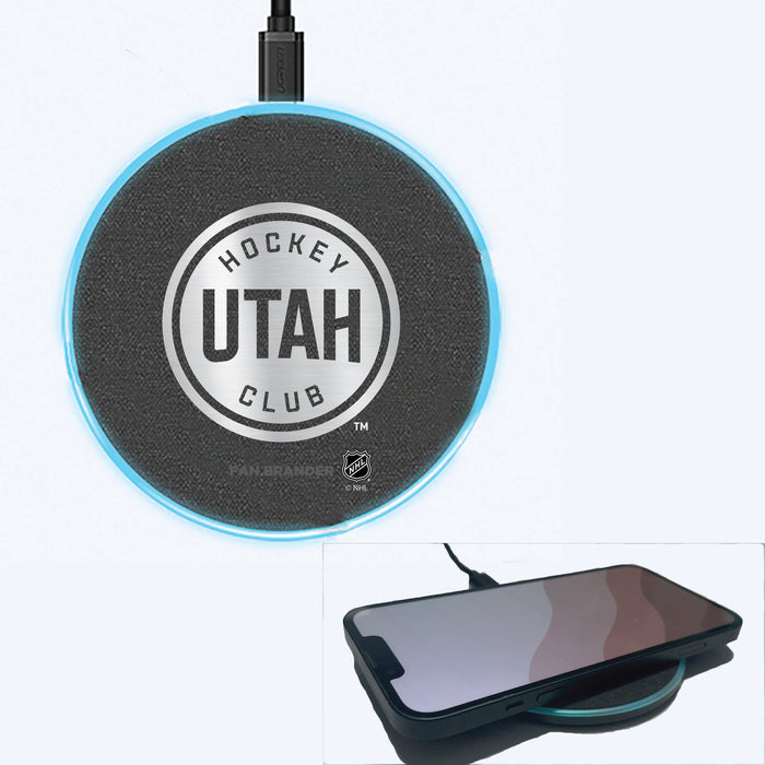 Fan Brander Grey 15W Wireless Charger with Utah Hockey Club Primary Mark Laser Etched