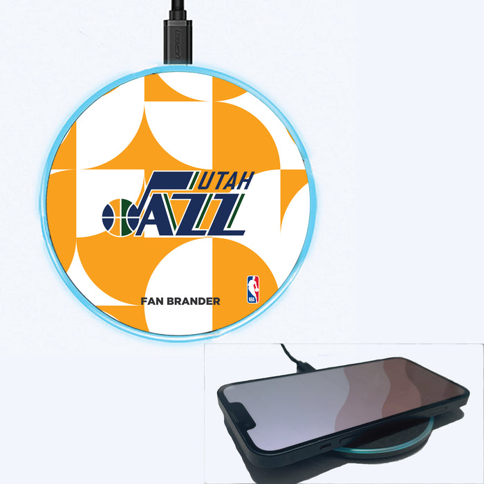 Fan Brander Grey 15W Wireless Charger with Utah Jazz Primary Logo on Geometric Circle Background