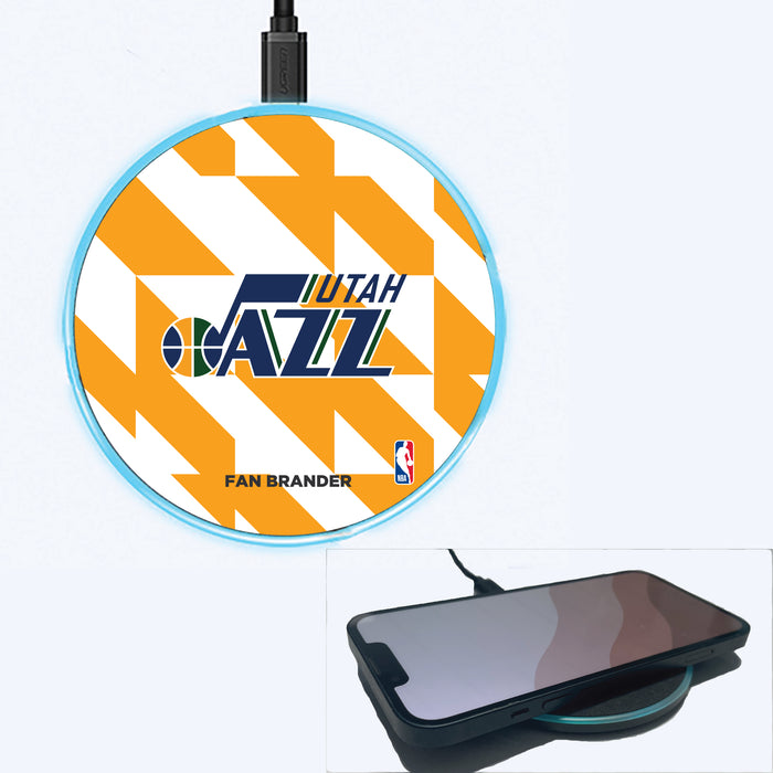 Fan Brander Grey 15W Wireless Charger with Utah Jazz Primary Logo on Geometric Quad Background