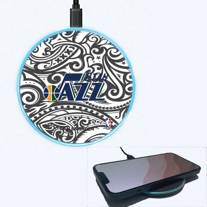 Fan Brander Grey 15W Wireless Charger with Utah Jazz Primary Logo With Black Tribal