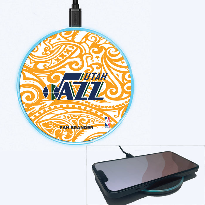 Fan Brander Grey 15W Wireless Charger with Utah Jazz Primary Logo With Team Color Tribal Background