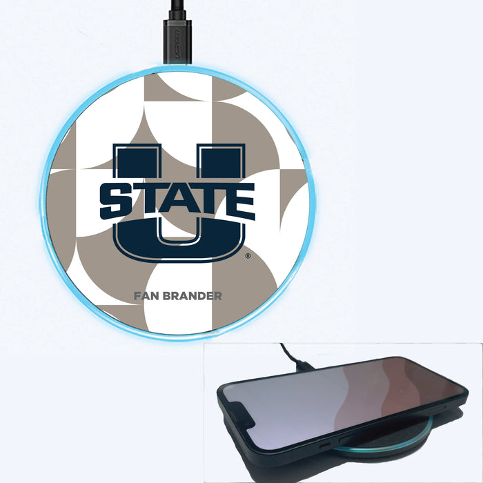 Fan Brander Grey 15W Wireless Charger with Utah State Aggies Primary Logo on Geometric Circle Background