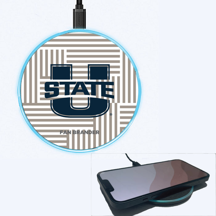 Fan Brander Grey 15W Wireless Charger with Utah State Aggies Primary Logo on Geometric Lines Background