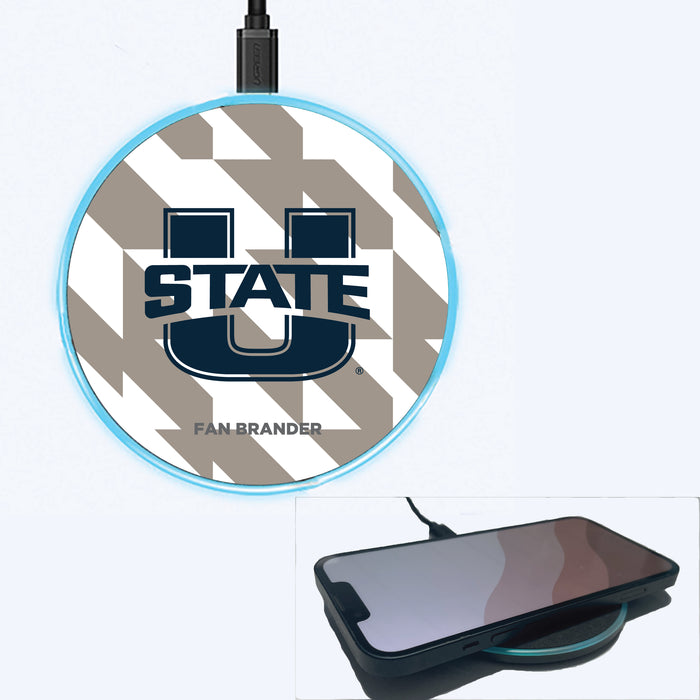 Fan Brander Grey 15W Wireless Charger with Utah State Aggies Primary Logo on Geometric Quad Background