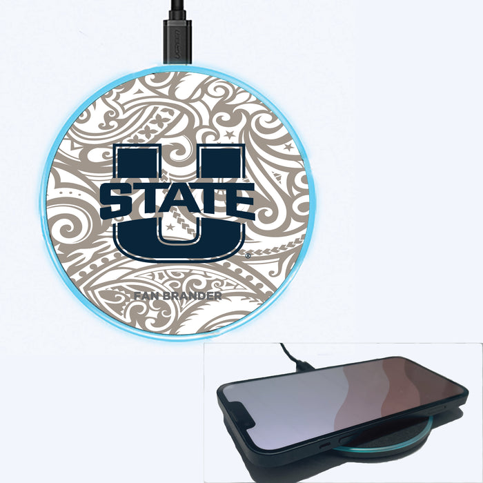 Fan Brander Grey 15W Wireless Charger with Utah State Aggies Primary Logo With Team Color Tribal Background