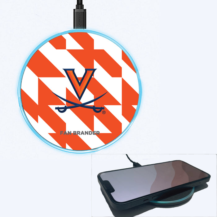 Fan Brander Grey 15W Wireless Charger with Virginia Cavaliers Primary Logo on Geometric Quad Background