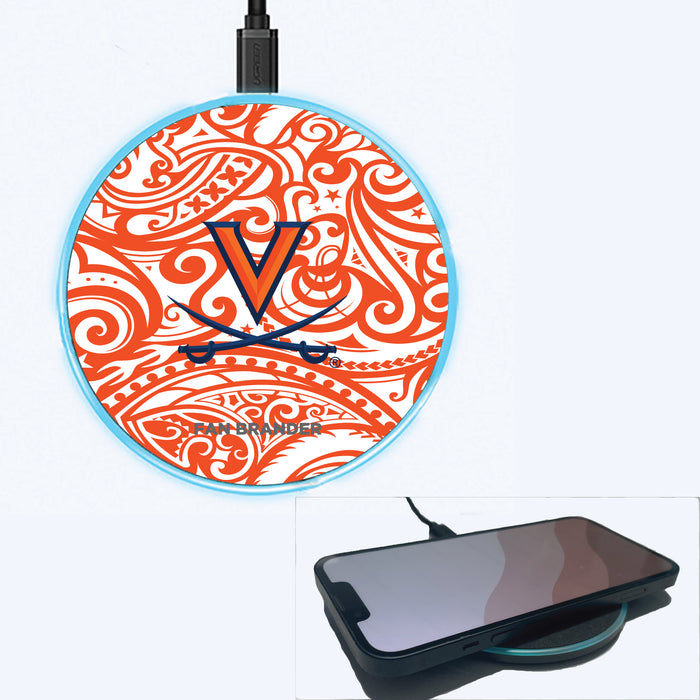 Fan Brander Grey 15W Wireless Charger with Virginia Cavaliers Primary Logo With Team Color Tribal Background