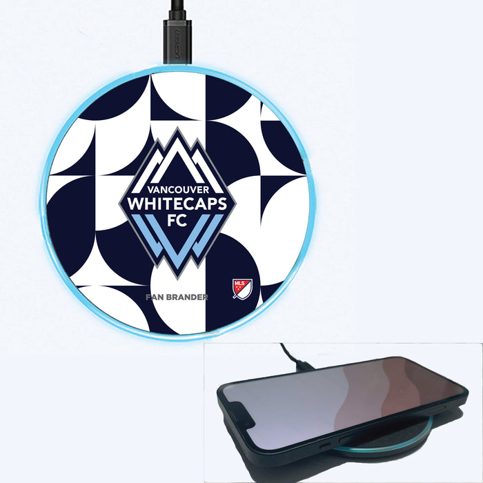 Fan Brander Grey 15W Wireless Charger with Vancouver Whitecaps FC Primary Logo on Geometric Circle Background