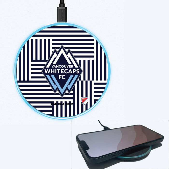 Fan Brander Grey 15W Wireless Charger with Vanderbilt Commodores Primary Logo on Geometric Lines Background