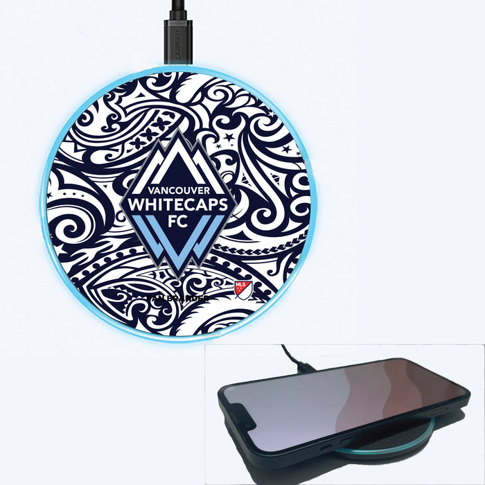 Fan Brander Grey 15W Wireless Charger with Vancouver Whitecaps FC Primary Logo With Team Color Tribal Background