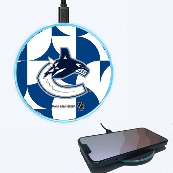 Fan Brander Grey 15W Wireless Charger with Vancouver Canucks Primary Logo on Geometric Circle Background