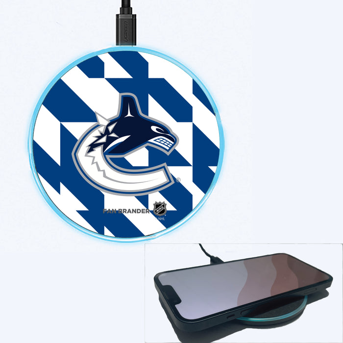 Fan Brander Grey 15W Wireless Charger with Vancouver Canucks Primary Logo on Geometric Quad Background