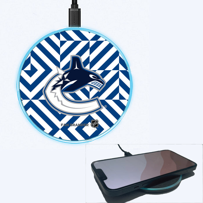 Fan Brander Grey 15W Wireless Charger with Vancouver Canucks Primary Logo on Geometric Diamonds Background