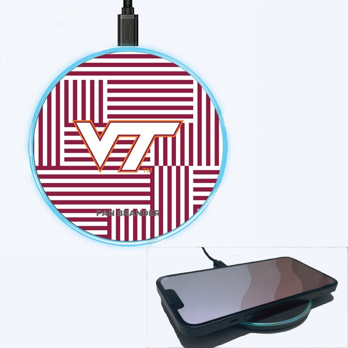 Fan Brander Grey 15W Wireless Charger with Virginia Tech Hokies Primary Logo on Geometric Lines Background