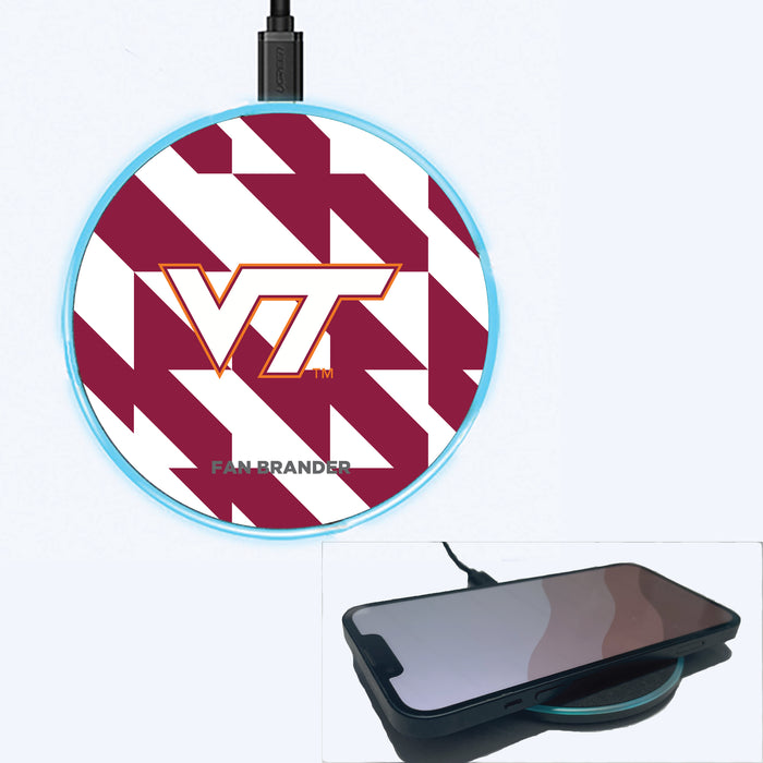 Fan Brander Grey 15W Wireless Charger with Virginia Tech Hokies Primary Logo on Geometric Quad Background