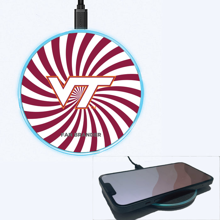 Fan Brander Grey 15W Wireless Charger with Virginia Tech Hokies Primary Logo With Team Groovey Burst