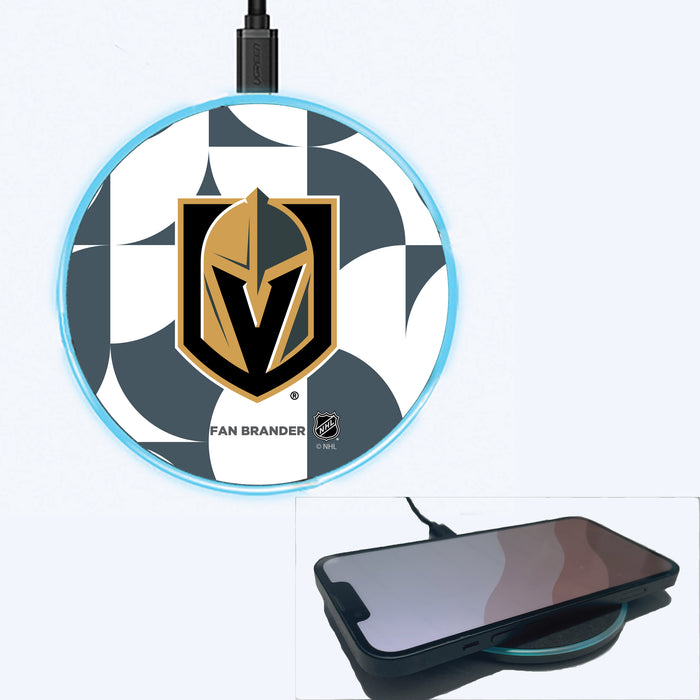 Fan Brander Grey 15W Wireless Charger with Vegas Golden Knights Primary Logo on Geometric Circle Background