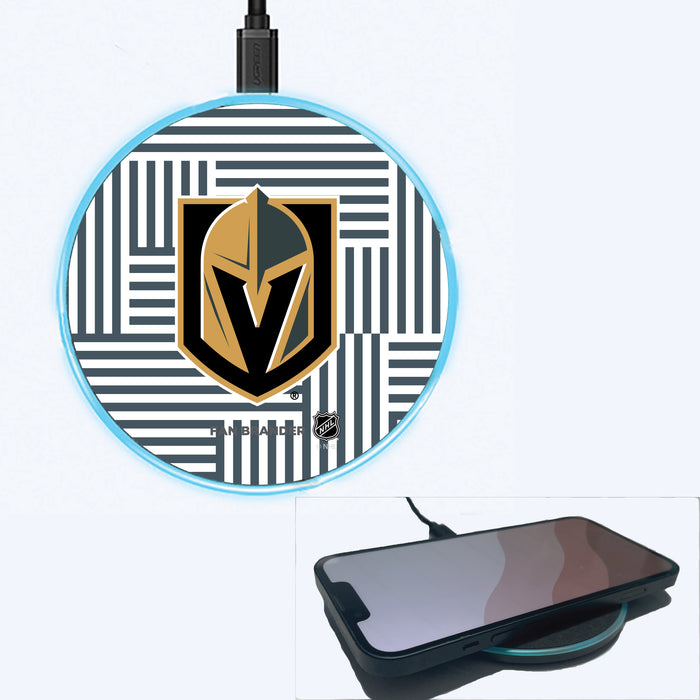 Fan Brander Grey 15W Wireless Charger with Vegas Golden Knights Primary Logo on Geometric Lines Background