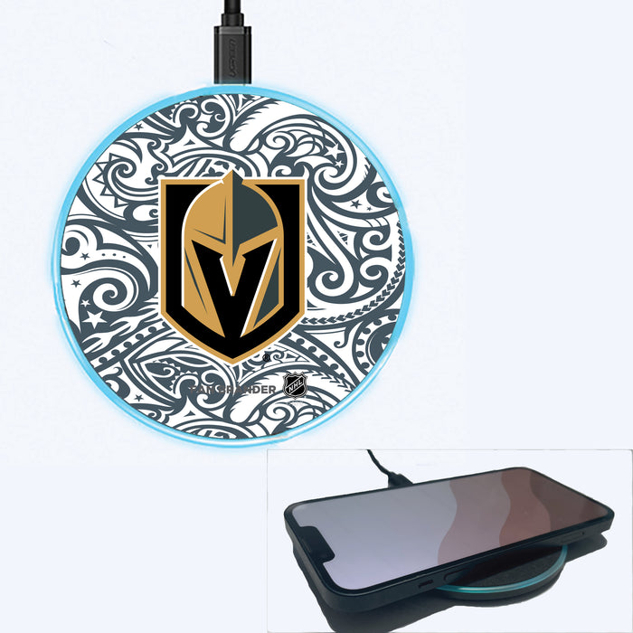 Fan Brander Grey 15W Wireless Charger with Vegas Golden Knights Primary Logo With Team Color Tribal Background