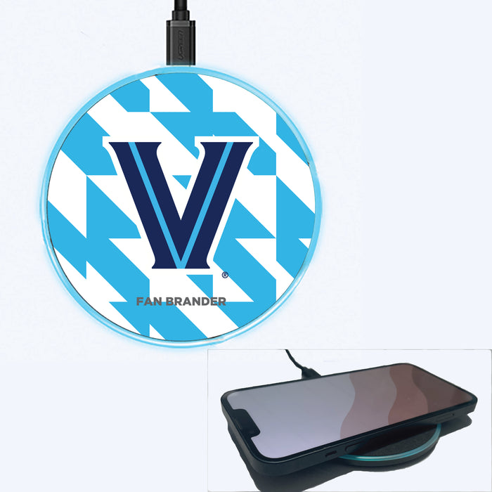 Fan Brander Grey 15W Wireless Charger with Villanova University Primary Logo on Geometric Quad Background