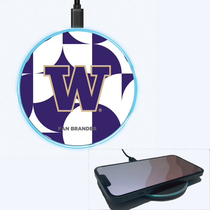 Fan Brander Grey 15W Wireless Charger with Washington Huskies Primary Logo on Geometric Circle Background