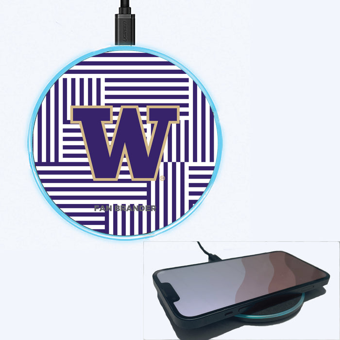 Fan Brander Grey 15W Wireless Charger with Washington Huskies Primary Logo on Geometric Lines Background