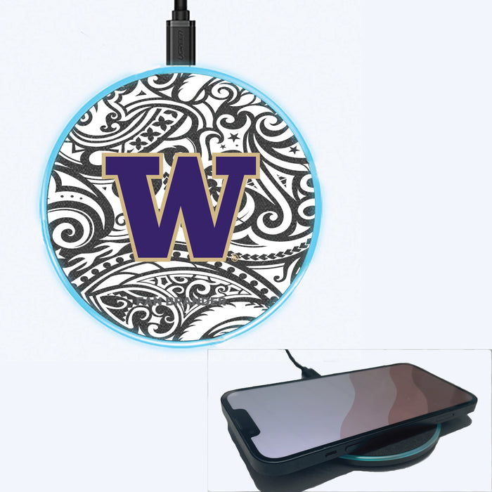 Fan Brander Grey 15W Wireless Charger with Washington Huskies Primary Logo With Black Tribal